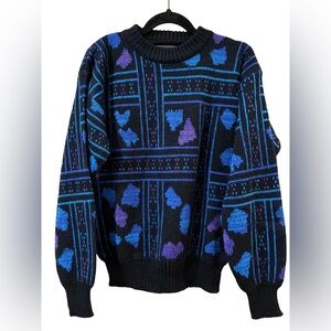 Men's Vintage Black Blue & Purple Knit Sweater | Retro Geometric Pattern Size S